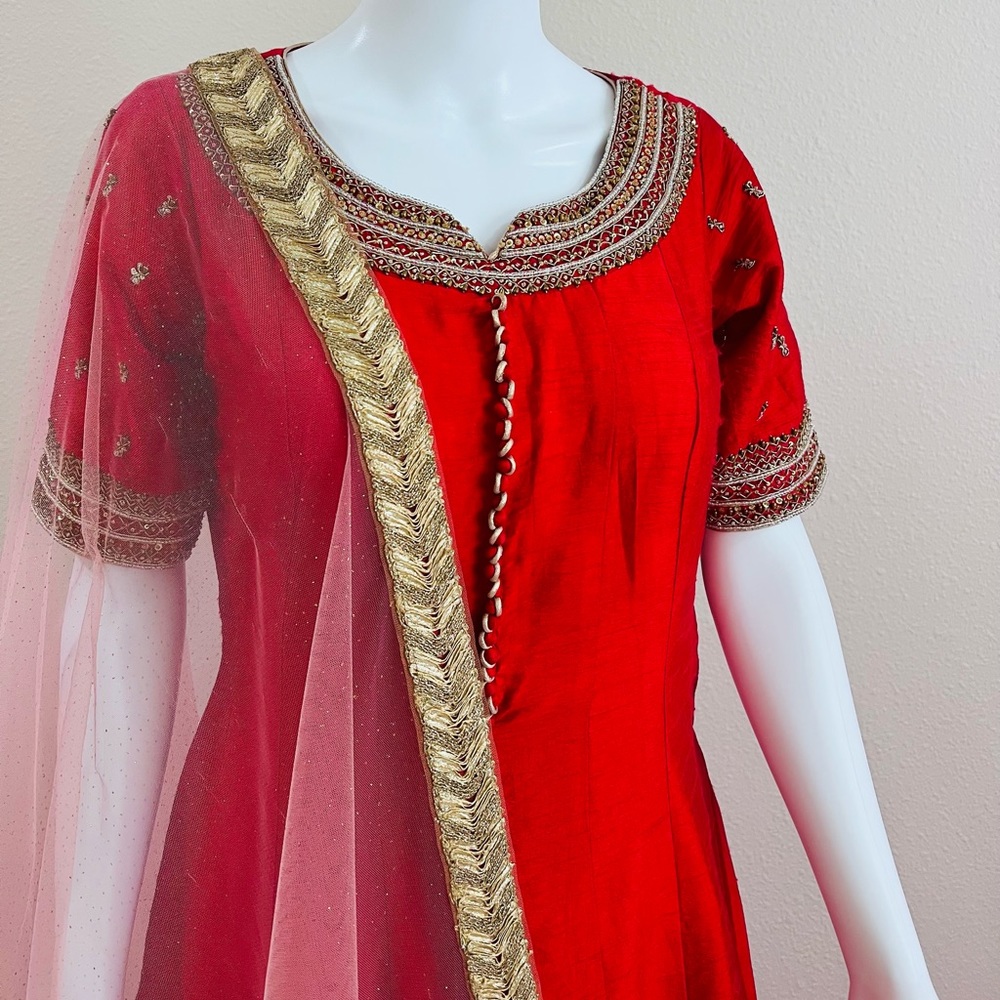 Red Anarkali gown or dress with dupatta and matching bottom